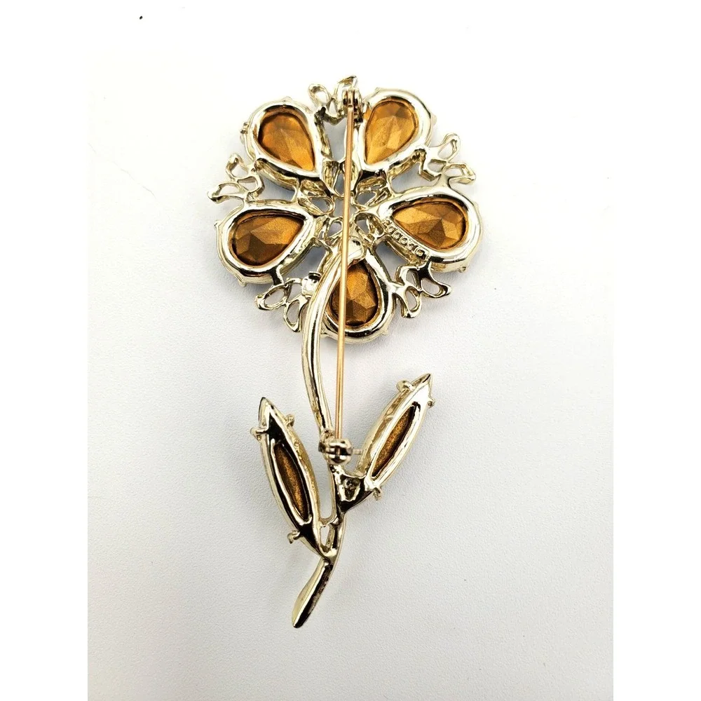 Vintage Gold Tone DODD Aqua & Green Rhinestone Flower Brooch Pin